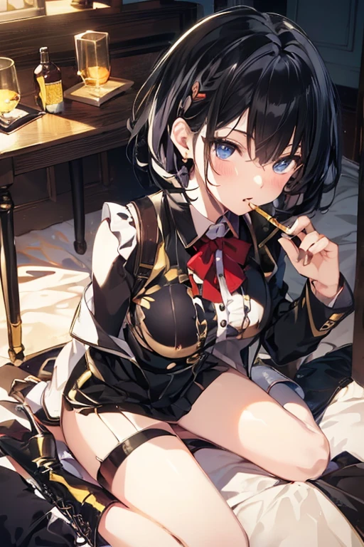 Masterpiece, Realistic, Sci-Fi Science Fiction, Full Body Photo, Beautiful Eyes, Realistic Sci-Fi Movie, Detailed Face, Realistic, In Single Shot, Detailed Fighter, (Refer to Imperial Commander uniform First World War Russia : 1.8 ),Realistic high-tech warplanes, cinematic camera angles, most realistic shades, environment details,( beautiful CG :1.4 ),Standing on a flying aircraft carrier,Realistic hair detail,Fantastic shadows,Tonal coverage,Beautiful colors,Woman,adult,short,small breasts,26 years old,dark green eyes. ,Purple-black hair,(two braids in the back, straight bangs in the front), red glasses, showing a solemn expression.
