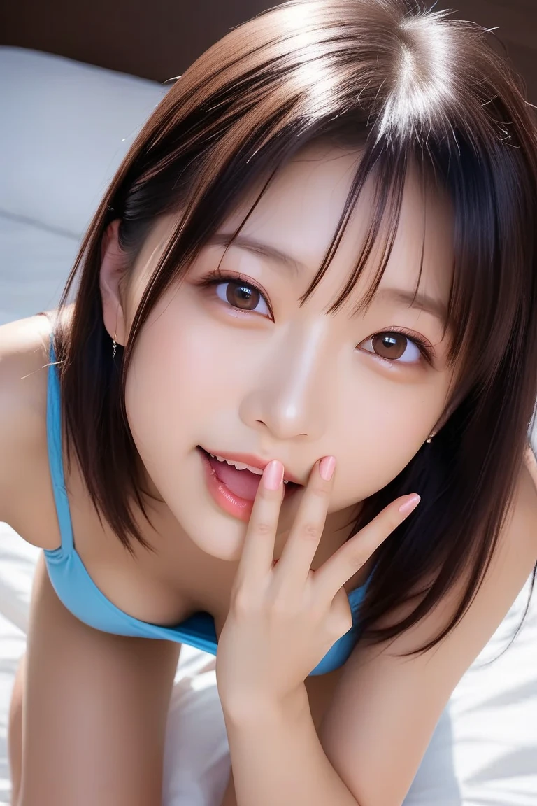 triangle-bikini,(open mouth:1.5),(tongue out:2),Kneeling,Hands between legs,collar with chain,leash pull,front view,face focus,from above(1girl,Beautiful 14 year old girl,ager),((Slender,Small breasts,Small face,)),(looking at viewer),Black Hair,bangs,Poolside