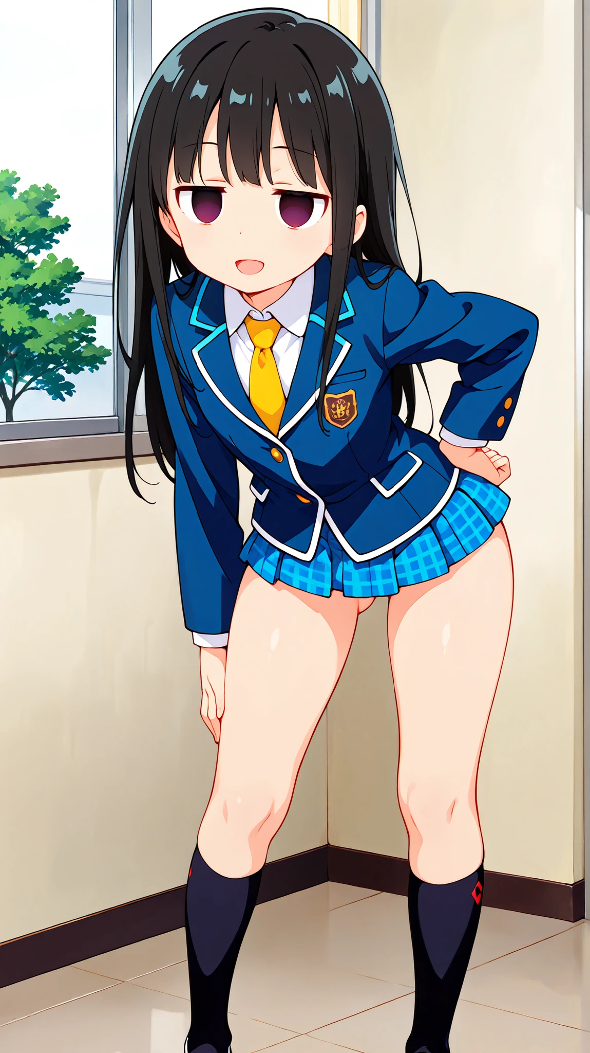nsfw,anime style,score_9, score_8_up, score_7_up,masterpiece, best quality,ultra detail,(((school))), negishi masako , 1girl , ((((((solo)))))),Long hair,black hair ,empty eyes,blank stare,jitome,(Flat Chest),school uniform,(((blue blazer))),(light blue checkered mini skirt),(((((mini skirt))))), Yellow necktie,((black sox)),,((ass visible through thighs)),((((contrapposto)))),(((A glimpse of her thin thighs))) , cute , (((detailed face))) ,(knee),((open mouth smile)),(((whole body))),((hand on hip)),(((leaning forward))),((open leg))