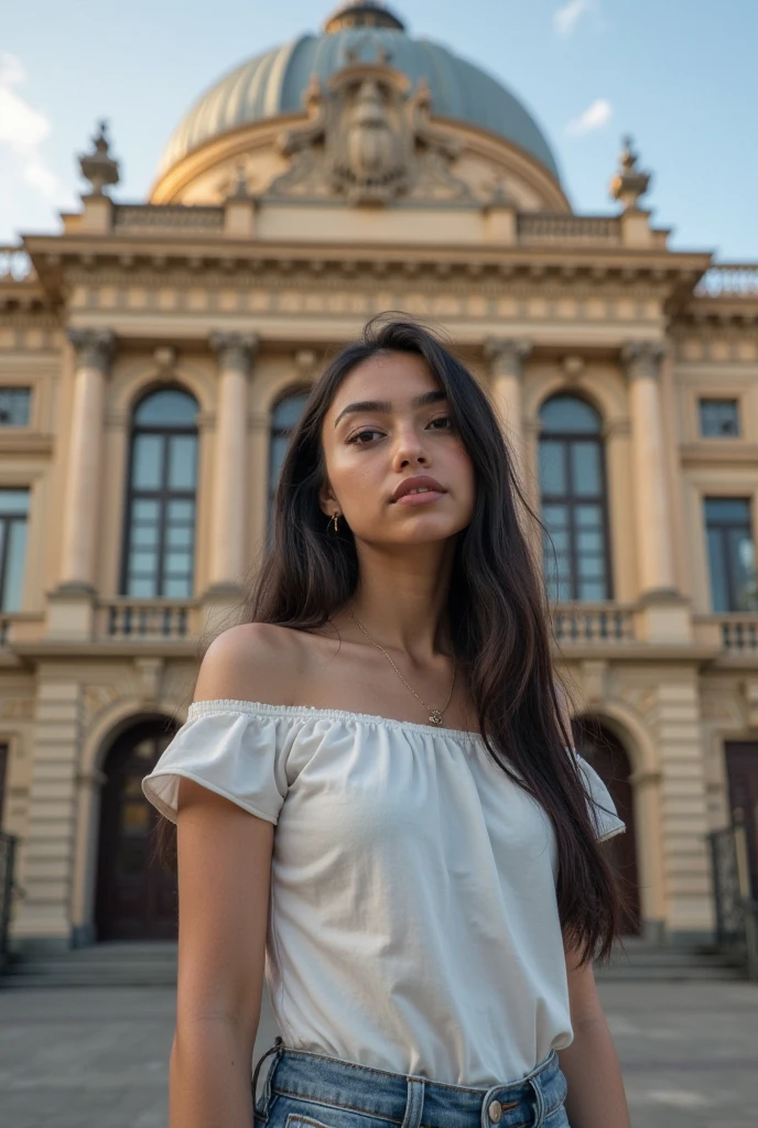 Masutepiece、highest qualityr、high resolusion、Eleonora Pavinato, 23 years old, Younger headshot, looking cute, cute pose, Beautiful busty girl, Black long hair, cute pose, casual clothing, Statue of Liberty, New York City, USA