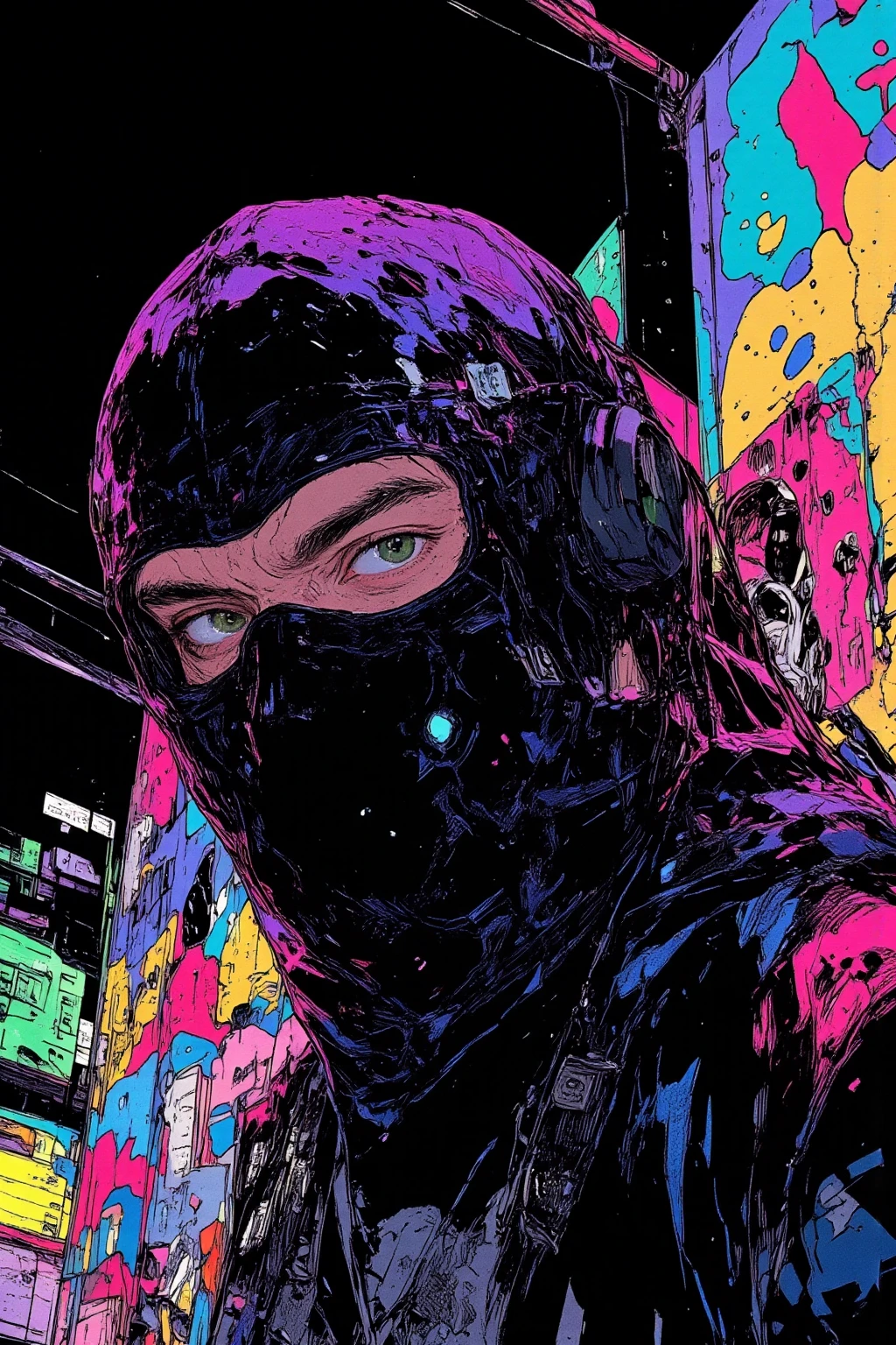 Spiritual art of a man graffiti artist at night in 壁の落書き , Balaclava that completely covers the face ,Street Gang Fashion,ager, Art of Rebellion Moving at Night ,graffitiのタグ付けと爆弾 ,urban art ,GTA's Fictional City Streets of San Andreas, Counter art , Level music ,Spray cans, Colorful Paint Graph , Balaclava that blends into the dark , Bandanas as Fashion Items , Move at night , Night of the Rebellious Man , Surreal and Colourful Fantasy Pop Art , dmt Death of Ego , Psychedelic and pop mix , graffiti, drawn on a black background,high resolution pop art ,8k,full color illustration , visionary art style , Detailed Artwork,anatomically accurate, So Unreal, Luminous graffiti ,