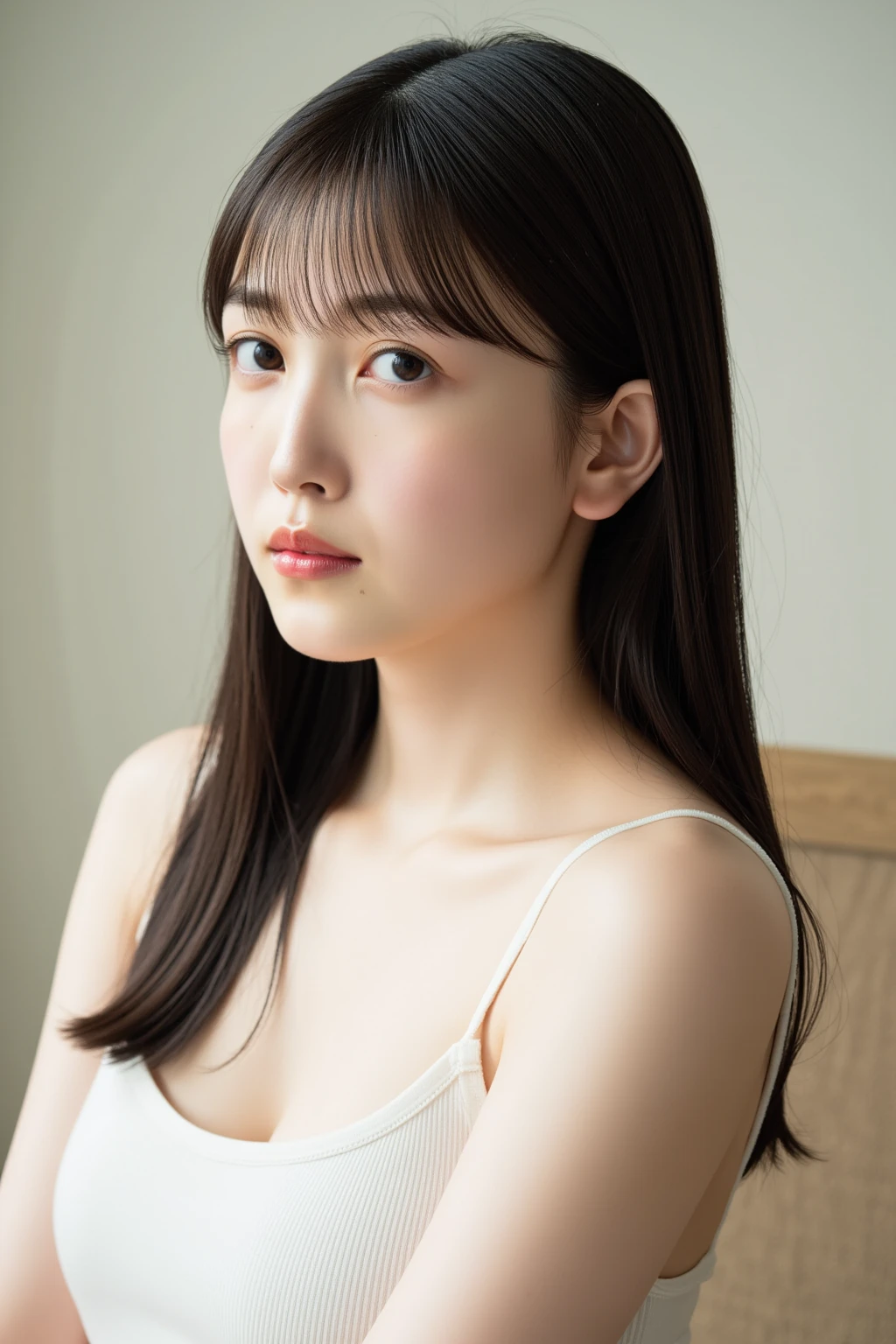 japanes, 24 year old, Gentle, drooing eyes, A dark-haired, poneyTail, Bangs are down、Wearing white underwear, Light makeup, Glamour, Facing the front