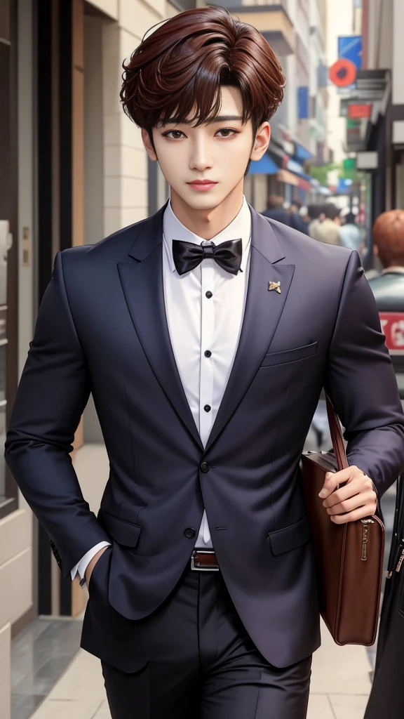 a muscular handsome young man, David laid, extremely detailed face, beautiful detailed eyes, looking at the viewers romantically, sapphire blue shirt, black pants, formal shirt pants, sexy look, black short hair, smooth skin,