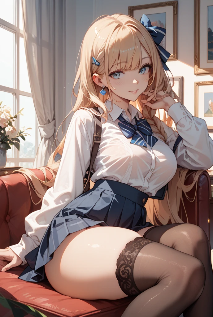 (masterpiece), best quality, expressive eyes, perfect face, anime girl with random hair color and black stockings sitting , seductive anime girl, medium_oppai, beautiful alluring anime woman, female anime character, official anime still, beautiful alluring anime teen, anime best girl, attractive anime girl, oppai proportions, wearing school uniform , 1 girl , moon background