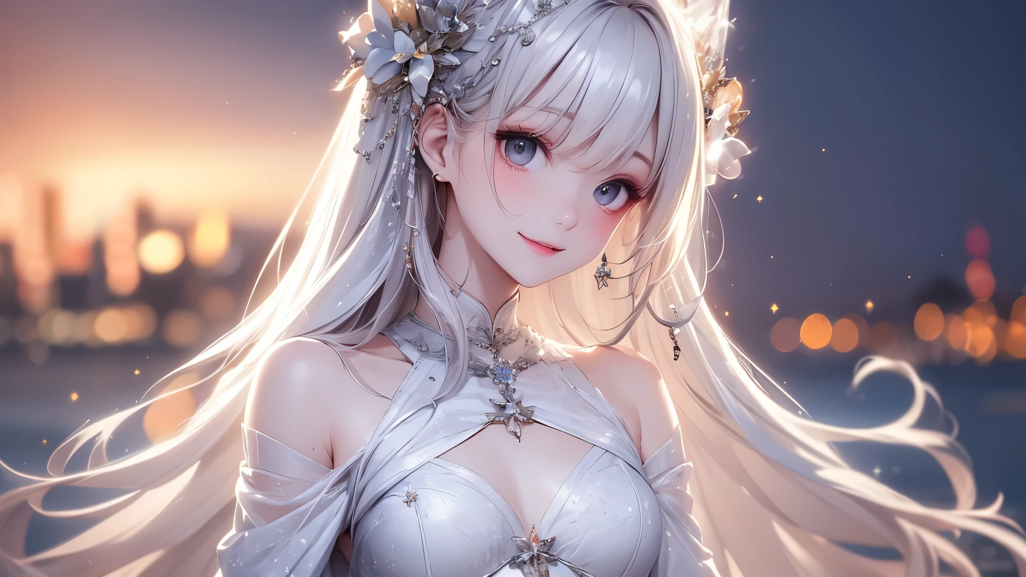 Delicate depiction, detailed, realism, 8K, 15-year-old girl, Ultra high definition, 顔のdetailed, big golden eyes, Fuller lips, nose pointed upwards, Grey hair with pink strands, Wearing a white dress, Background Flowers, white butterfly in the foreground, Realistic shooting, Depth of written boundary, Soft front light, shine, High resolution (Calm colors: 1.2), Fantasy, 