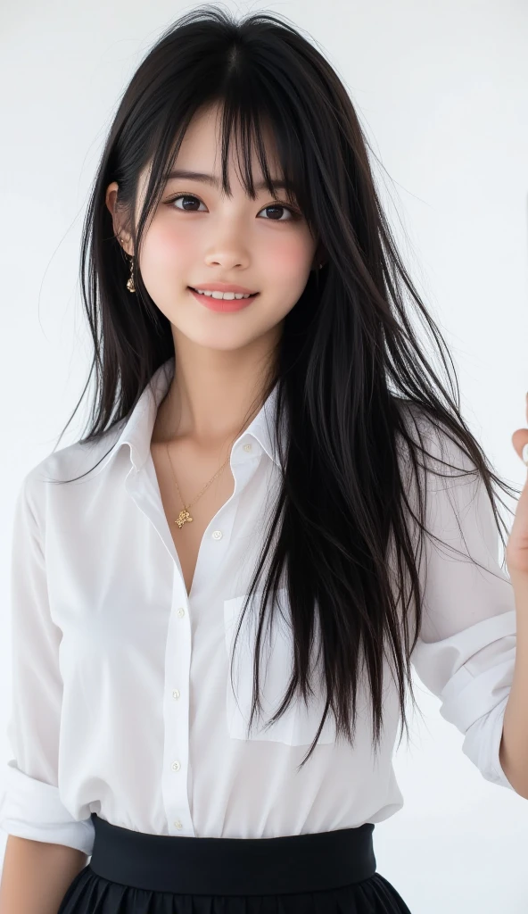 A beautiful and very young Japanese woman, an inorganic Snow White background, natural skin, a cute smile with her mouth closed, long straight black hair, a visible forehead, a young-looking face, small stature, short stature, stylish clothes, Big breasts, natural skin, standing straight, full body photo, serious and honor student atmosphere, correct posture