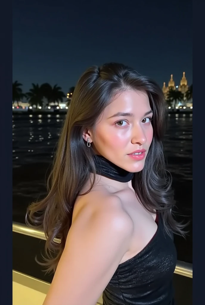 young and modern influencer. She must have delicate facial features, with a contagious and expressive smile, long, well-groomed hair, your clothes a beautiful dress well made up ,with red lipstick at a party ,boat full of people dancing