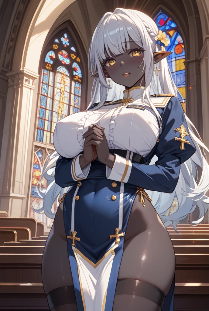 masterpiece, score_9, score_8_up, score_7_up, source_anime, best quality, extremely detailed, 1girl, milf, solo, (colored skin, black skin:1.8), shadowbeta, beta, (huge breasts), ((((gray hair), long hair, blue eyes, pointy ears))), red lips, (((nun, breast curtains, navel, pelvic curtain))), ((naughty smile), closed mouth), ((outdoor, ruins))
