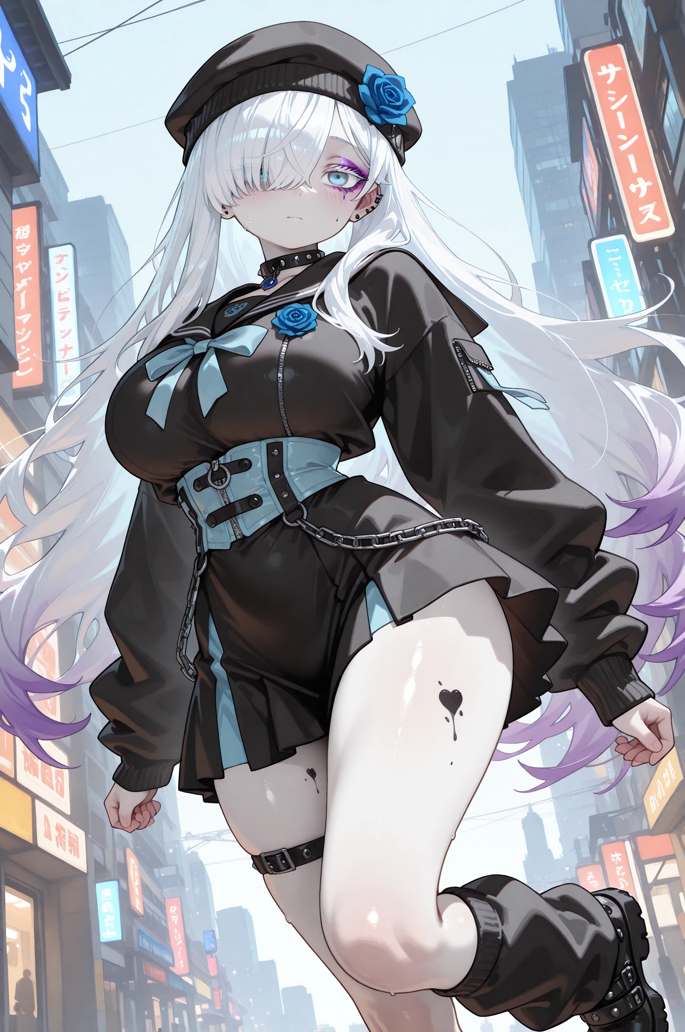 Full body image, フロント, One girl, 18-year-old, Mix 4, (32k, RAW Photos, Highest quality, masterpiece:1.2), (Anime-like, photoAnime-like:1.37), cute, ミニスカートのドレス, night, rain, Humidity, Professional Lighting, Photon Mapping, Radio City, Physically Based Rendering, Super Resolution, (Big Breasts:1.2), {{The biological weapon that had preyed on the younger sister took her place and reunited with the older brother.}}, Girl Skull, whole body, NSFW