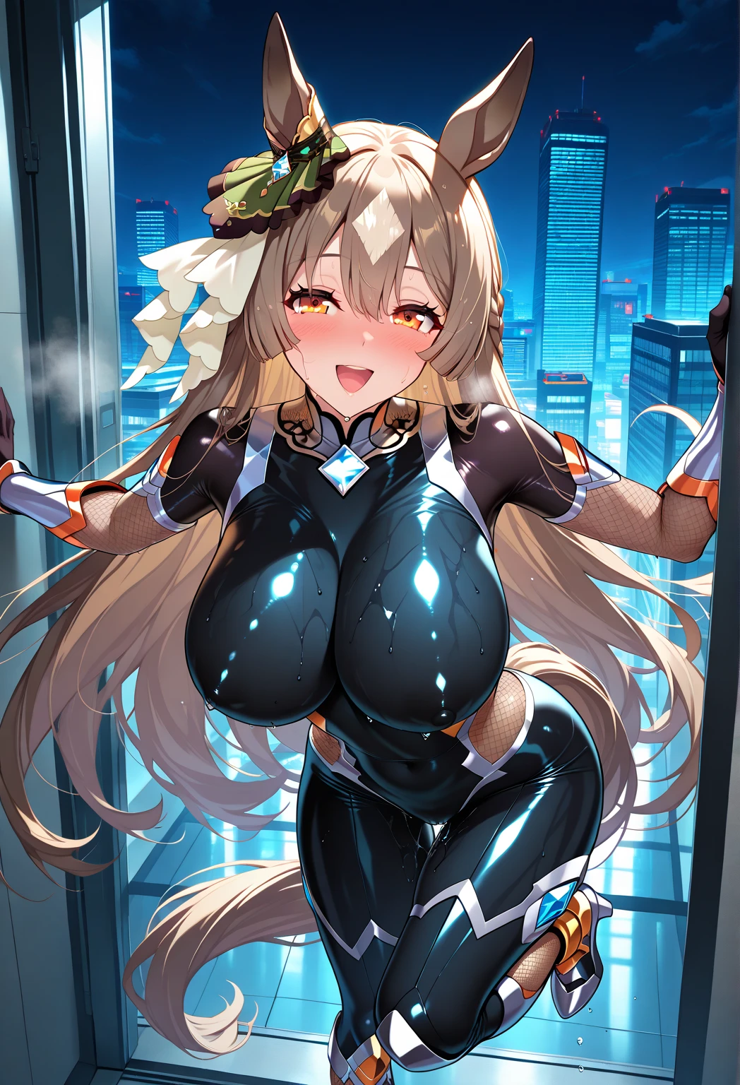 highest quality、Realistic、female、zoom、Orange Eyes、Silver long wavy hair、Hero Suit、Glossy bodysuit、A plump figure、Dark Skin、Large Breasts。Big Ass、Rooftop、An inappropriate smile、Bust Shot、