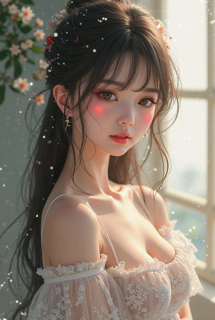 straight hair, (1girl), 20yo, kawaii, cute face idol, beautiful girl with beautiful details, (horizontally elongated eyes:1.3), extremely detailed eye and face, glossy lips, (See-through lace costume with cute details and wide open breasts:1.6), Bare shoulders, (Bare chest, areola:1.35), Realistic, extremely detailed CG unified 8k wallpaper, ighly detailed, High-definition raw color photos, professional photograpy, Realistic portrait, Cinematic Light, Beautiful detailed, Blushing, Ashamed, (Realistic skin:1.2), (Best Quality:1.4), Super Detail, High quality, Indoor, depth of fields,