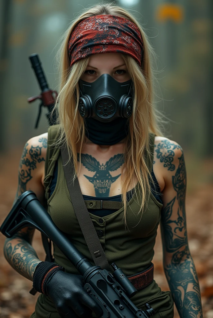 a woman , with traces of fight on his body with anti-gas mask, in an uninhabited world, toxic world, terrifying world