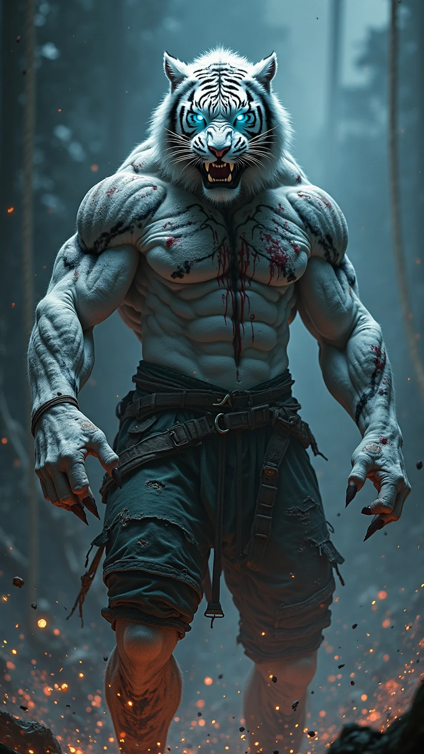 Huge muscular albino ferocious shirtless werewolf with a large scar on his chest ripping his suit apart