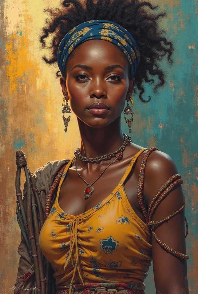 An artistic painting of a beautiful African warrior princess , heavy brush strokes, dripping paint, dry brush, pastel painting 