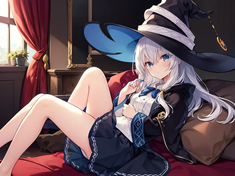 1girl, solo, wizard hat, robe, bored, hugging own legs, dark room, light particles, glowing, depth of field, soft lighting, masterpiece, best quality