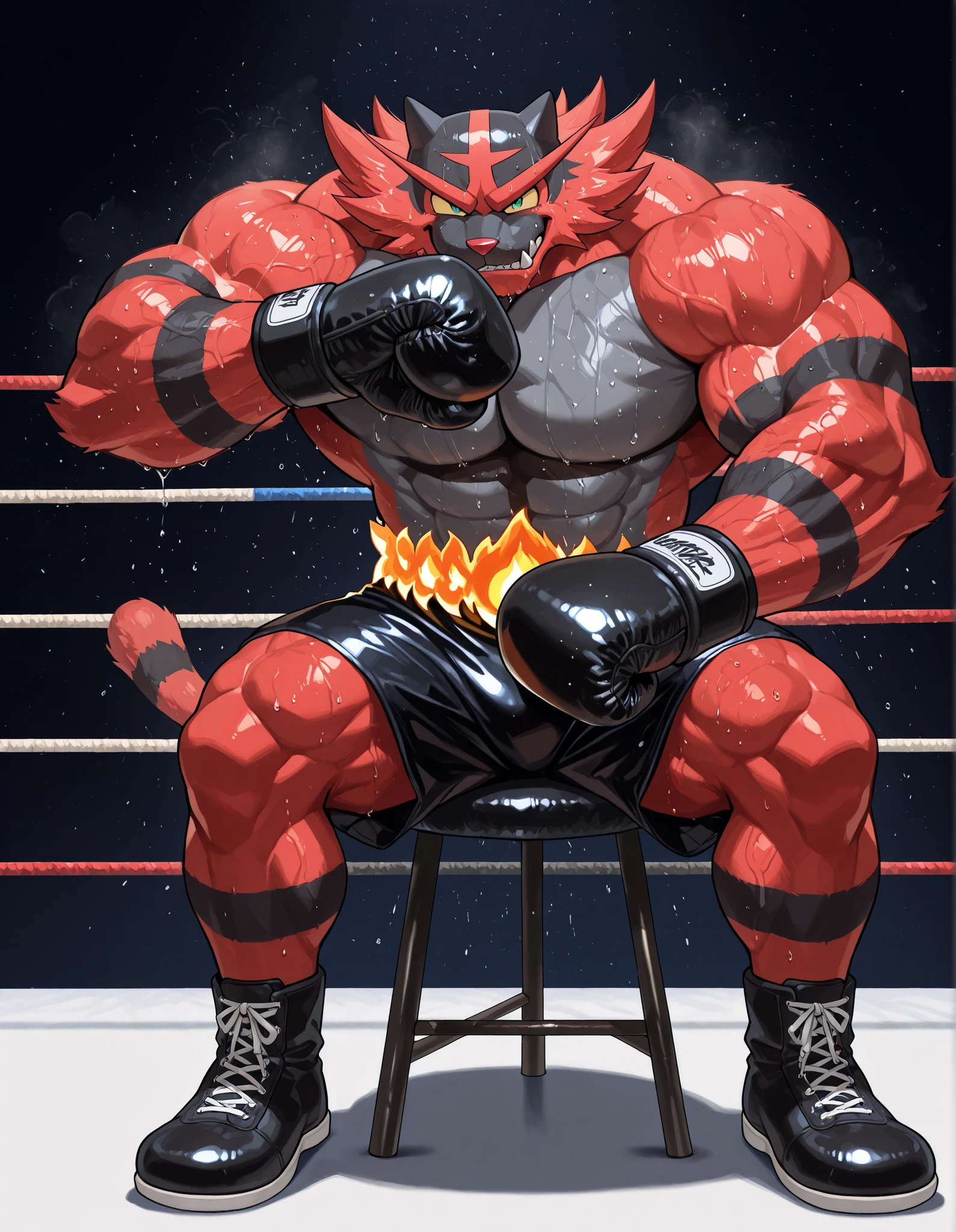 Incineroar, anthro male, high quality, full body, looking at viewer, solo, boxing ring background, black boxing gloves, thick very veiny arms, very muscular, black boxing shorts, black boxing shoes, heavyweight boxing champion, glistening fur, sweaty, brutal expression, steam, sitting on a stool, brutal eyes, gear up with fighting spirit, shirtless, rest your elbows on the ring rope, b0xingp0v