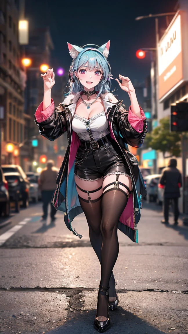 (masterpiece, Highest quality:1.2), (High resolution, 8K RAW Photos, Photorealistic, Clear focus, Weak outline:1.3), (Natural light, Fabric Shading), ((alone:1.5)), (1 mature woman, 2), ((NFSW:1.37, Cleavage, Sexually harass)), ((Bright and beautiful eyes:1.3, Detailed pupil)), (gothic punk outfit、Cute Tattoos、Cleavageを強調する、Fishnet tights、Long boots)、(Looking at the audience, With a smile, Half-closed eyes), Raised to be sexy, (small open mouth:1.3), Silver hair with light purple mesh, Medium Short Hair, Hair on one eye, Asymmetrical Hair, Half Up Hair, Side Lock, blue eyes, (Luxurious accessories, necklace, Earrings, bracelet), Bokeh, Dynamic Angle, Leaning forward:1.2, Close-up face:1.5, whole body, From below:1.2, (Correct Anatomy:1.6, Ideal body proportions, The right move:1.5, Small hands), Alley、Looking up