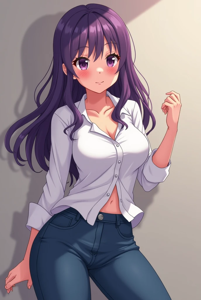 (absurdres, highres, ultra detailed, high resolution: 1.1) BREAK 1girl, long purple hair, solo, smile, BREAK  shorts pull, red underwear, white shirt lift, nice hands, perfect hands,