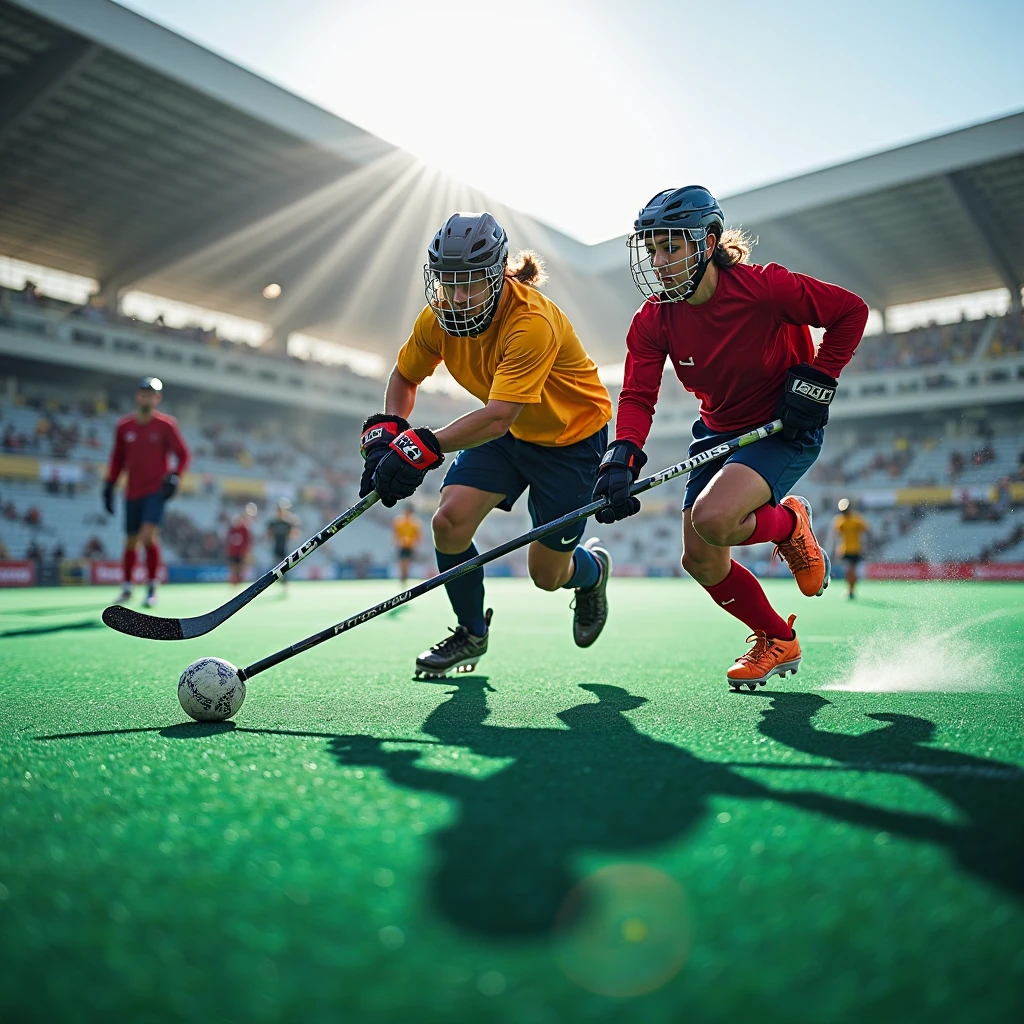 "An intense field hockey match in action with two players from opposing teams fiercely competing for the ball. The player on the left, dressed in a black uniform, is focused and determined as he skillfully maneuvers his stick to control the ball. The player on the right, wearing an orange and white uniform, is closely defending, poised to intercept. The blue turf of the field adds a vibrant contrast to the players’ movements. In the background, other players are visible, blurred to emphasize the speed and energy of the game. The scene captures the athleticism, precision, and competitive spirit of field hockey." They are boys not girls