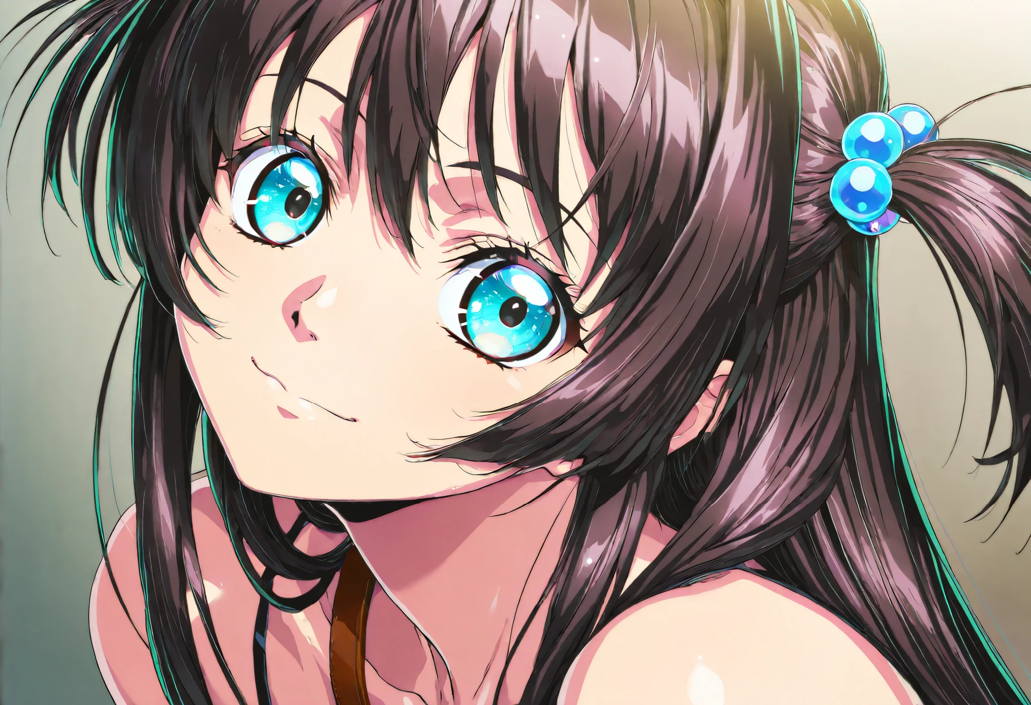 masterpiece, Highest Quality, newest, high definition, 1 girl, Yokota Mamoru style,Line of Motion,very straight nose, slim,Narrow Face,perfect nose,stare at the viewers,charming smile、(face up:1.4)、cavalry, Highest Quality, 4K, 8k, high definition, (masterpiece:1.2), stares at the viewer, No watch ,