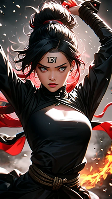 high quality fingers, normal hands, detailed fingers, masterpiece, (realistic, photo-realistic: 1.37), realistic, 1girl, long hair:1.5, black hair:1.2, red eyes:1.5, bright eyes, mortal kombat, ninja, blood, scar, weapons, kimono, dress, mortal kombat suit, large breasts, fighting pose, serene look, temple, meditation, injuries, ninja mask, cover half face, eyes to the sky