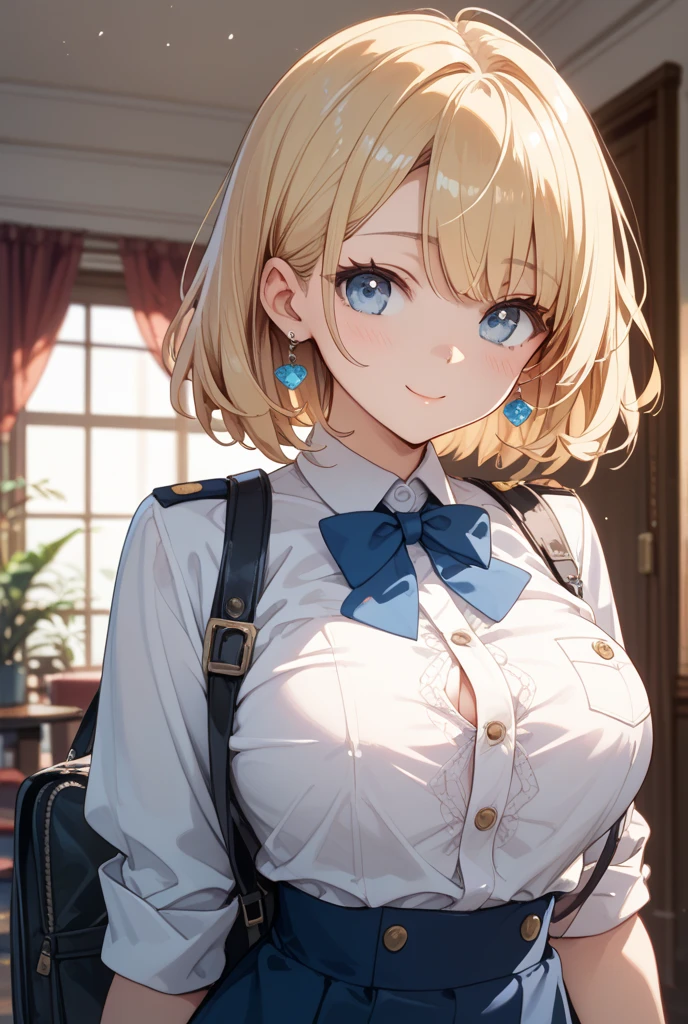 Eat omurice at a restaurant (Original uniform), (Little Girl), (blonde:1.5）(eyelash:1.2) (Short Bob Hair:1.4), (Blue eyes)(Big Breasts:1.3)
