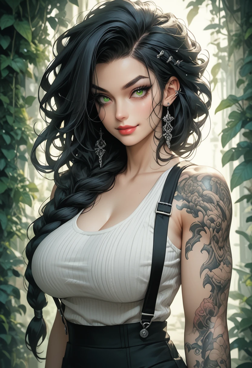 Woman, 1woman, transparent dress, 4k, super realistic, realistic, tattoos, green and black hair --auto --s2