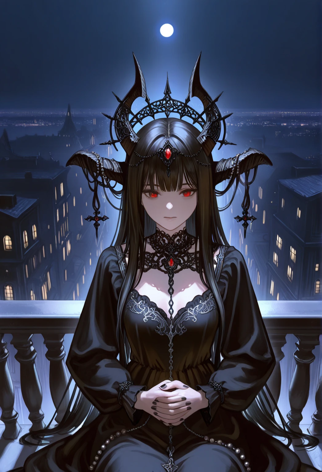 crossed arms, full moon, night, stars, black hair, blindfold, horns, portrait, bare shoulders, indoors, building, garden, trees