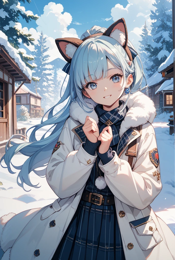 best quality,kemono, anime,kitsune,cute,female, full body,blue eyes,(winter_clothes:1.1),(down jacket:1.1),(striped_scarf:1.1),blue fur,white fur,wand,posing,(flower),in winter,star_trail,beautiful detailed glow,(detailed ice:1.4),(detailed snow:1.2),rubble_ruins,