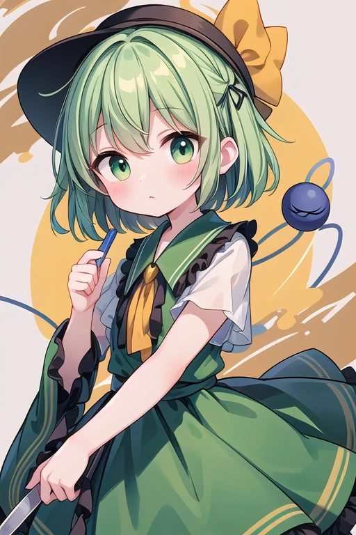 1 girl, cute, young, green hair, bob haircut, green eyes, witch, thigh high,