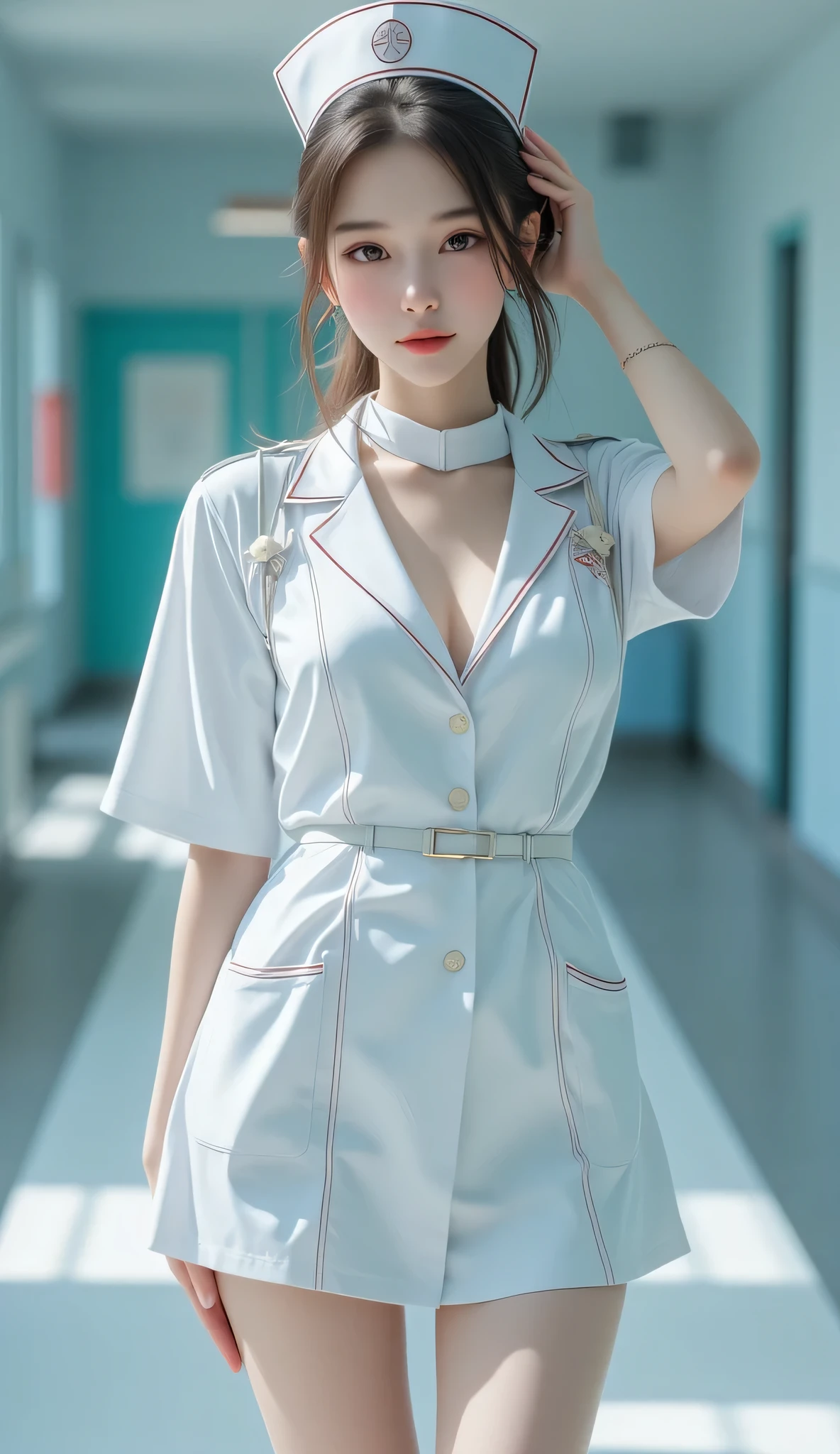 a beauty girl、face perfect、perfect chest、Beautiful hands、perfect arms、nurse's outfit、Hospital examination room、Full body shot、Nurse、Short length、Bold chest、Fluffy Nurse Uniform、Chest exposed、Not wearing underwear