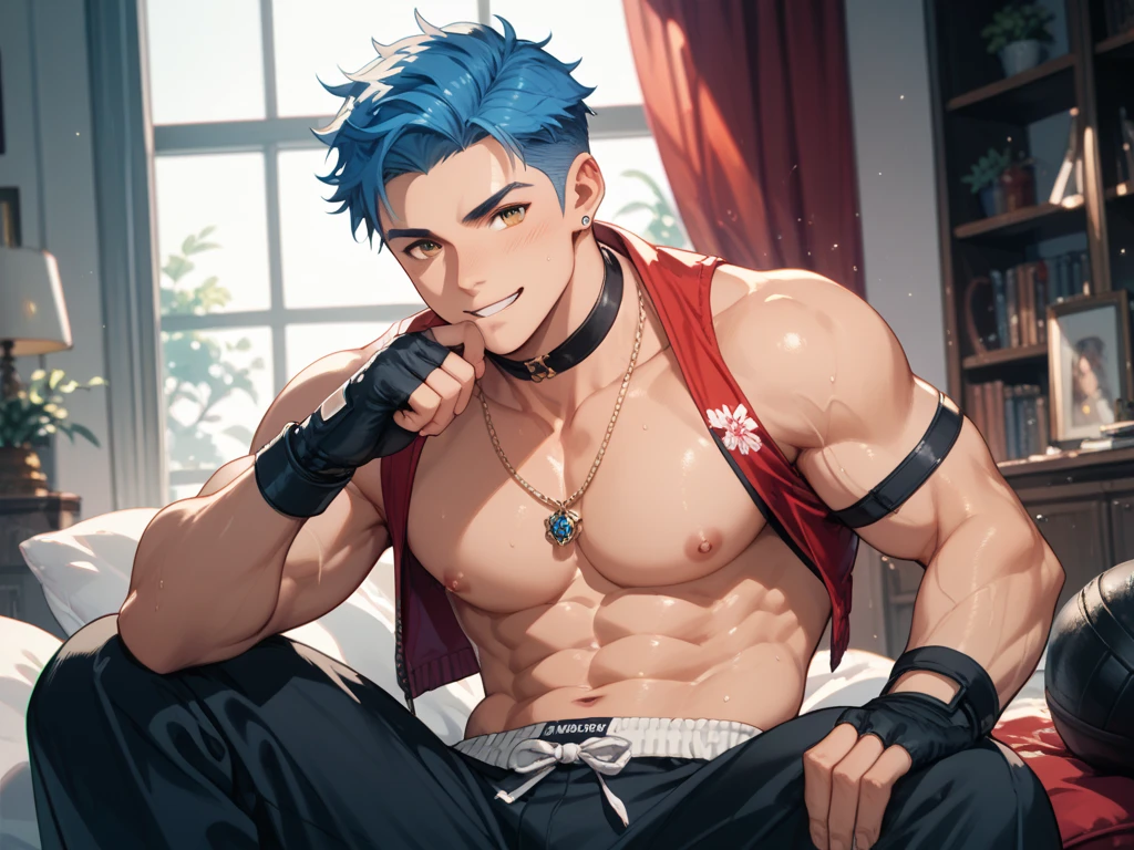 absurdres, highres, ultra detailed, HDR, master piece, best quality, perfect eyes, defined appearance, Dabi, white hair, expressive turquoise eyes, boku no hero academia, solo, sexy man, handsome, toned chest, horny, sensual, erotic, red couch, sitting, red curtains, black boxers 