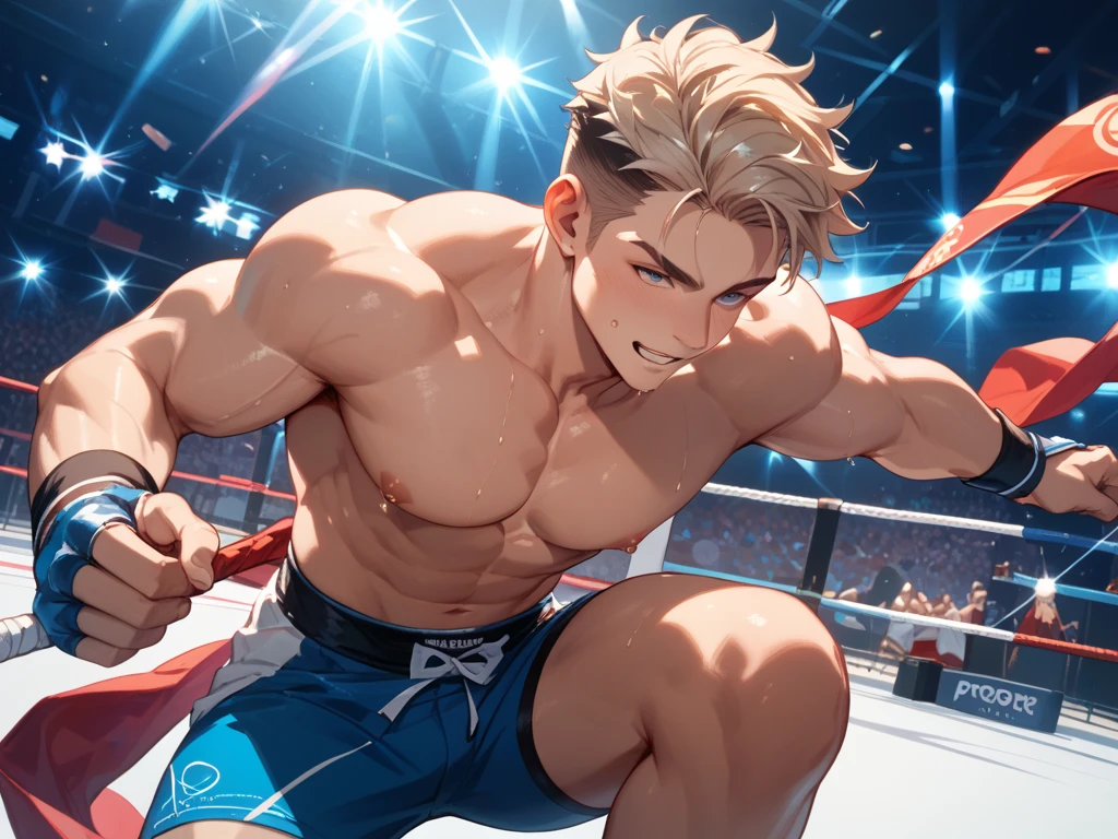 1guy, solid dude, gallant beau, blonde, tsurime, sanpaku, blue eyes, spiked hair, 24yo, heavy weight muscular, handsome wrestler, stocky waist, BREAK ideal ratio body proportions, sharp eyes, beautiful detailed eyes, toned body, elder chinpira, dark pupil, masculine playboy, builtfat, tough caucasian, BREAK solo, topless, black wrestling bikini, nipples, abs, fighting stance, on wrestling ring, detailed background, hollywood action, provocative smile, BREAK upperlegs focus, dramatic expression, 1990s, in capcom art style, in color comic style, in game illustration style, depth of field, dutch angle, cinematic shadows, cinematic lighting, lens flare, light leaks, VHS Quality, texture, absurdres absolutely resolution, extreme all detailed, greatest painting, BREAK masterpiece, best quality, BREAK score_9, score_8_up, score_7_up, source_anime, rating_safe, score_6_up, score_5_up, score_4_up