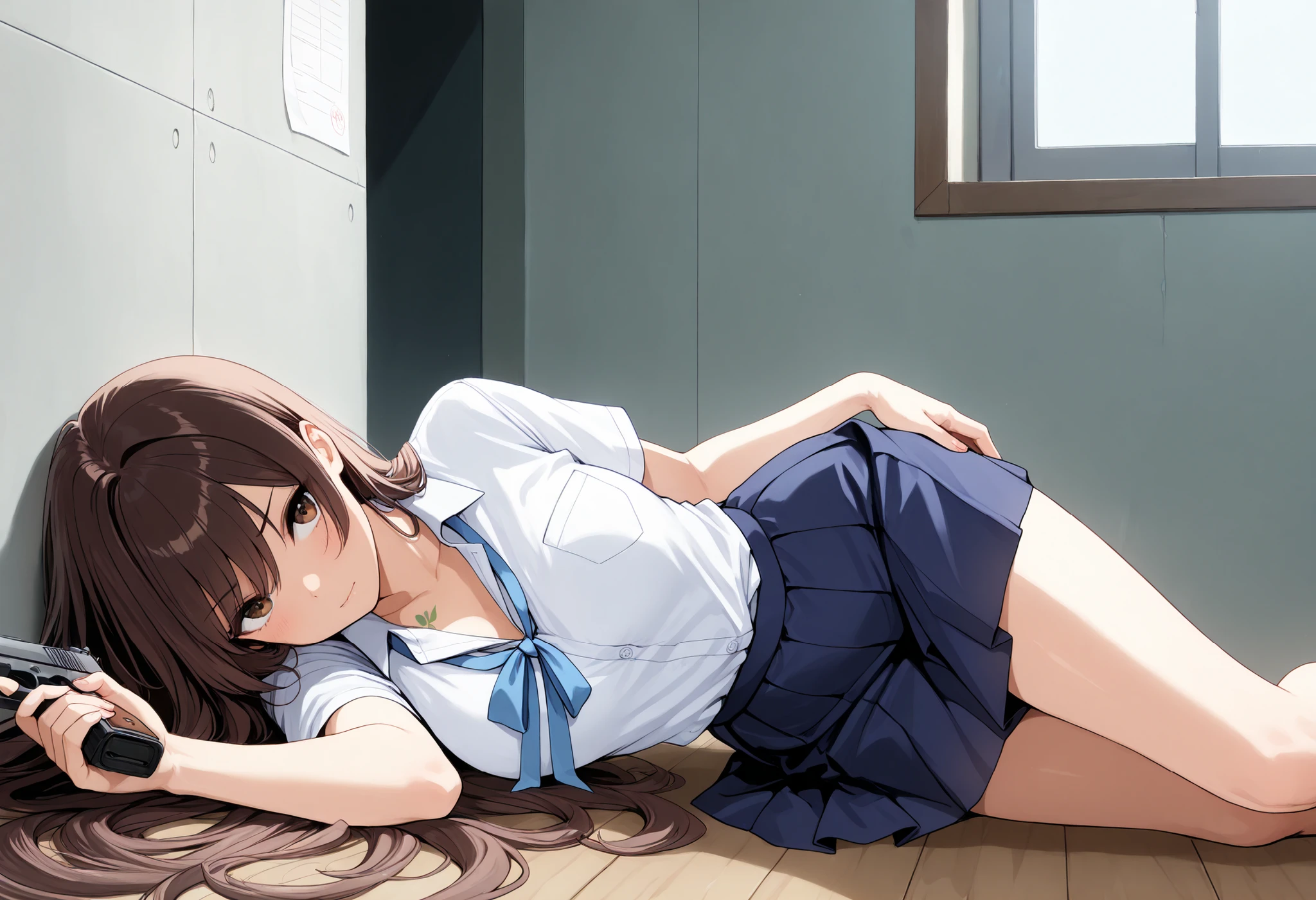 ((best quality)), ((masterpiece)), (detailed), perfect face, textured skin, ((super detail)), high quality, high details, Female gunman, samurai, holding a handgun, High school girl, summer uniform, short-sleeved shirt, light blue ribbon on chest, knee-length skirt, after school, brown hair, long hair, hair spread out, Leaning against the wall, she surveys her surroundings.