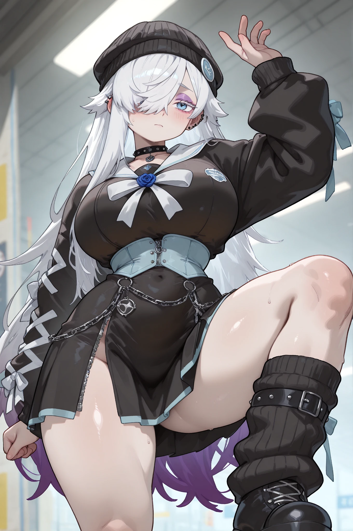 (masterpiece, best quality), amazing quality, absurdres, 8k, HDR, (very aesthetic), perfect anatomy, perfect hands, perfect eyes, neo_gothic_ta, gloss skin, 1girl, Gojo Monika, fair skin, very long hair, white hair, gradient hair, black hair, (purple streaks:1.2), hair over right eye, neo_ta_makeup, blue eyes, colored eyelashes, eyeliner, eyeshadow, large breasts, petite, curvy, very cute, shy, BREAK, jewelry, ear piercings, earrings, studded choker, blue pendant, rose flower pendant, knitted hat with large clip, long-sleeved jacket, sailor styled jacket, multiple zipper, black jacket, long jacket, pastel blue corset, black buttons and ribbons on corset, short skirt, black dress, intricate thin and dark details, black leg warmers, light blue ribbons on leg warmers, short studded boots, chains belt, BREAK (Ikebukuro Station background, Toshima-ku, Tokyo:1.3), resplendent city lights, pose, (side angle), rim light, dynamic composition, cinematic, cinematic composition, cinematic lighting, (cinematic shadows)