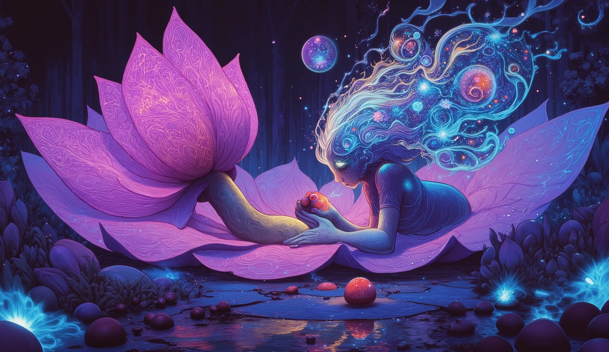 Imagine a whimsical fairy painting a graffiti mural on a giant lotus flower in a bioluminescent forest, her canvas illuminated by the soft glow of fireflies and strange, alien plants. She uses spray paint and melting oil gouache to create dynamic fluid shapes and vibrant neon tones, capturing the garden's energetic yet serene atmosphere. The scene is rendered in a CGSociety Candy art style, with hyperrealistic hyperdetailed digital illustration, postmodernism, dynamic lighting, cel-shaded, and ray tracing reflections.
