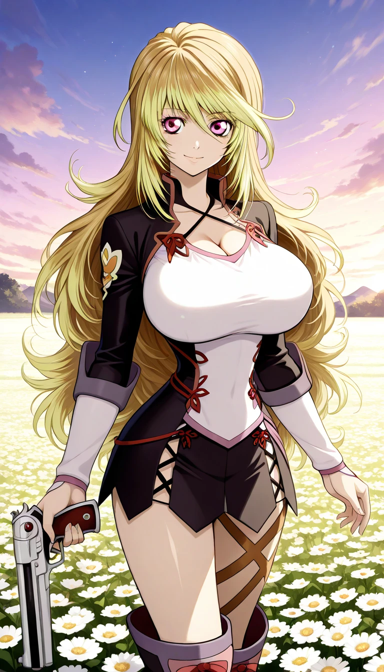masterpiece, best quality, highres, aaluis, long hair, facial mark, mole under mouth, cleavage, breast tattoo, shrug (clothing), red bra, o-ring, long sleeves, black gloves, midriff, black belt, black pants, asymmetrical legwear, red thighhighs, <lora:luis_cammy_v1:0.7>, standing, cowboy shot, outdoors, smile