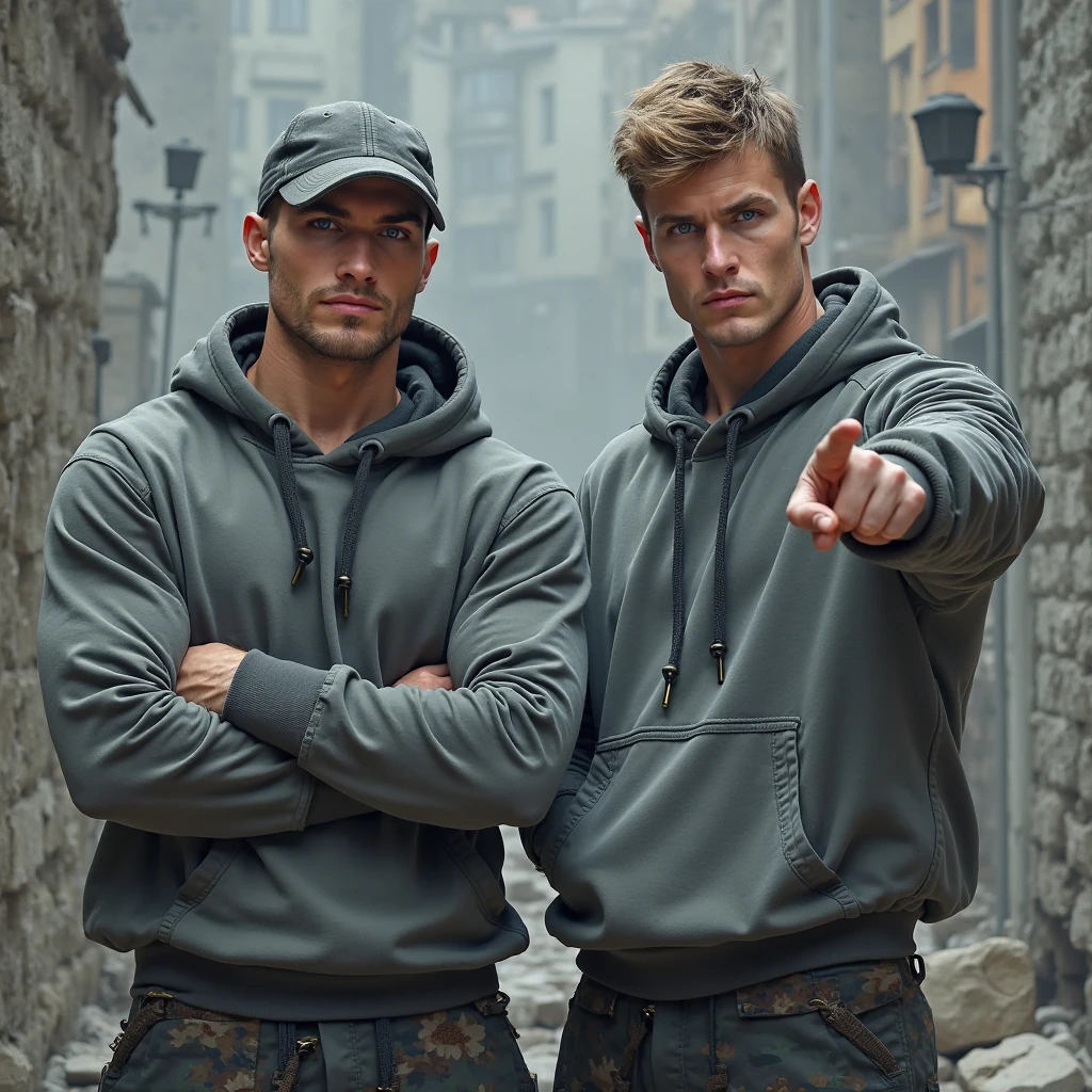 army barracks, army, 2boys, thin body, young males, kneel, caucassian masculine square face, full body view, camo boxers, blonde, topless, armoured sneakers, white socks, domination, armoured gasmask