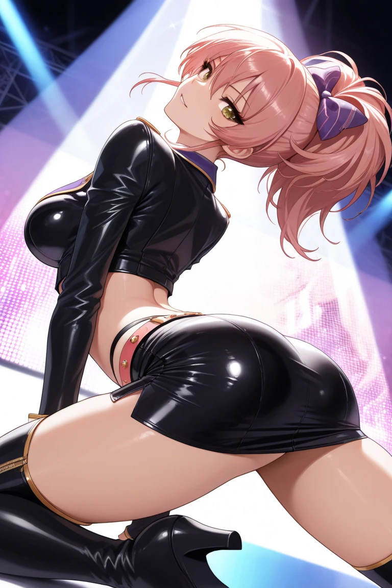 sexy anime girl, cute face, big bust, red pink hair, long space bun hair, purple eyes, ????? , big ass , black choker, perspective from below, pov below, ambient lighting