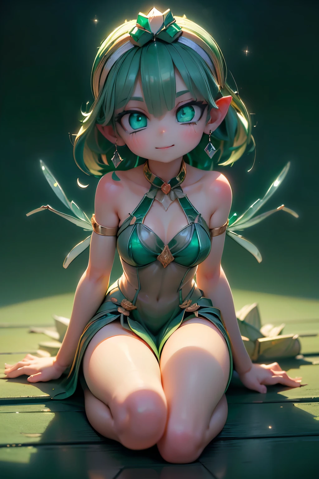 solo,1 female,cute, cute,small ,Skin color is white,(Succulents Succulents Fairy:1.5),(Mysterious fairy:1.5),(An accurate and perfect hand:2.0),(anatomically accurate hands:2.0),( ballerina pose :1.5),(Emerald Green Jewel-like Eyes:2.5),(Sparkling highlights on the eyes Reflected light:2.0),(Background is a Blue Sky and Beautiful Fresh Green Forest:1.5),(Yellow-green shiny semi-long hair:1.2),(is smiling:1.2),(with large transparent Dragonfly and agave wings growing on its back:1.7),(beautiful luxurious dress like metallic green Succulents:1.5),big cute smile,(Dragonfly's Beautiful Wings on Her Back:1.5),[Dragonfly Wings:1.5],(The background is a blue sky, beautiful fresh greenery, and an agave forest:1.5),(8k,very detailedCGユニットのwallpaper, masterpiece,high definition, real texture skin,surrealistic,Increase Resolution,RAW Photo,best quality,very detailed,wallpaper,Movie Lighting, Raytrace ,face close-up,(face light:2.0),(Increase overall color saturation:2.0),(cowboy shot with one knee on the floor:1.5), Frontal lighting ,