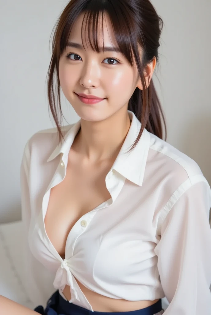 Browsing Caution、Highest quality、8K、No makeup、masterpiece、クリアなphotograph、Ultra-high resolution、Realistic、Professional Lighting、Natural light、photograph、smile、Ultra slim、Delicate body、very cute、The cutest Erina Mano、Idle class、whiteい肌、(Small breasts、Hide your nipples:1.8)、(whiteTPut on a shirt:1.8)、Lean forward:1.6