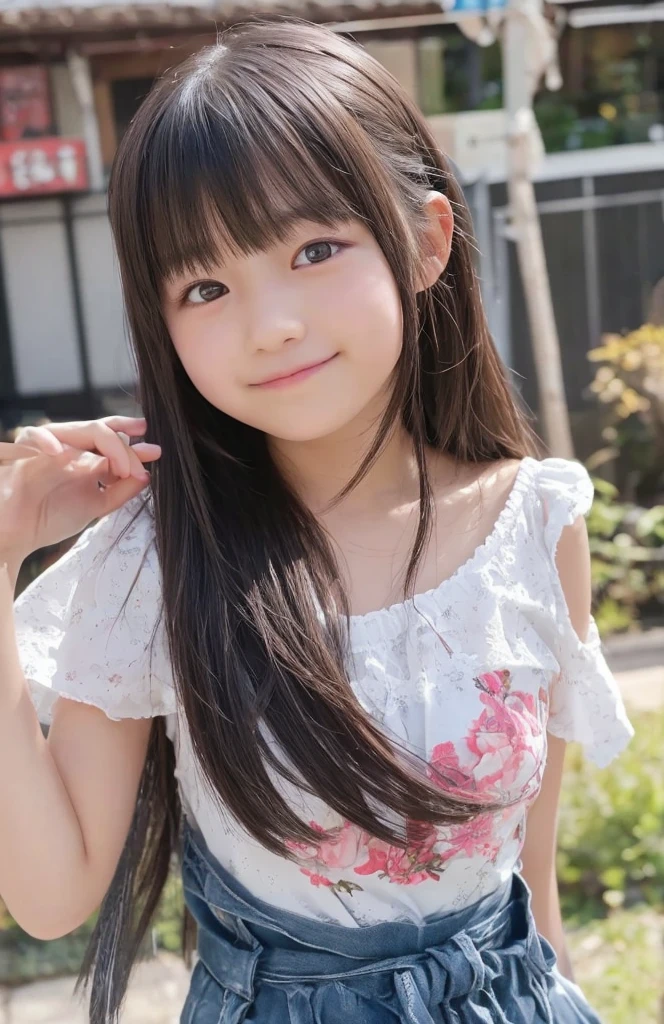 highest quality, High resolution, realistic pictures, detailed skin texture, ((Cute 12 year old Japanese girl wearing a super mini skirt)), view audience, slim body shape, charming gaze, Fair skin, baby face, (flat chest:1.2), long straight hair, flower hair ornament, (loli:1.2)