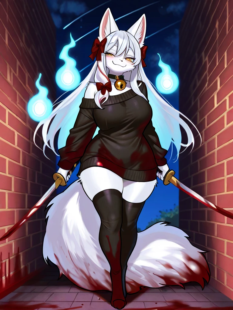 Loona from Helluva Boss, female white wolf, anthro, mature adult, short fluffy white hair, grey eyes, grey apron, green long sleeve, green cargo pants, black boots, covered in blood, standing, smiling, menancing, bloody face, detailed, solo, beautiful, high quality, 4K