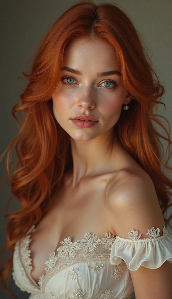 High-quality photograph of a red-haired beautiful girl with a 4th breast size. Photo size 245 megapixels.