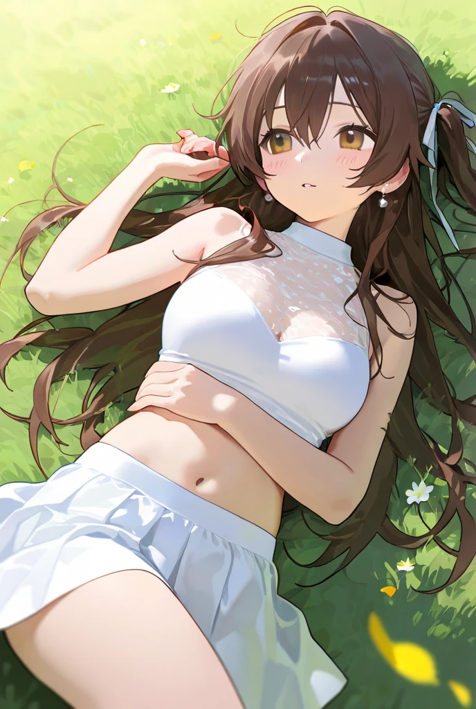 1girll, Solo, ((Masterpiece)), ((Best quality)), ahoge, white sundress, flower field, Sunny, Summer, dress, Sunlight, Cool clothes, Brown hair, Brown eyes, Smile, Lace panties from above,Harnes,cleavage,brassier,navel,Sexual suggestiveness,Loves,,White panty hose,Thin leg,Noodle figure,perspire,pantiess,Excretion of breast milk,grouchy,Sit flat,Stretch your feet,Close-up of the foot,sperm,Spring,The shape of the female genital organs is clearly visible,climaxing,Desire for dissatisfaction