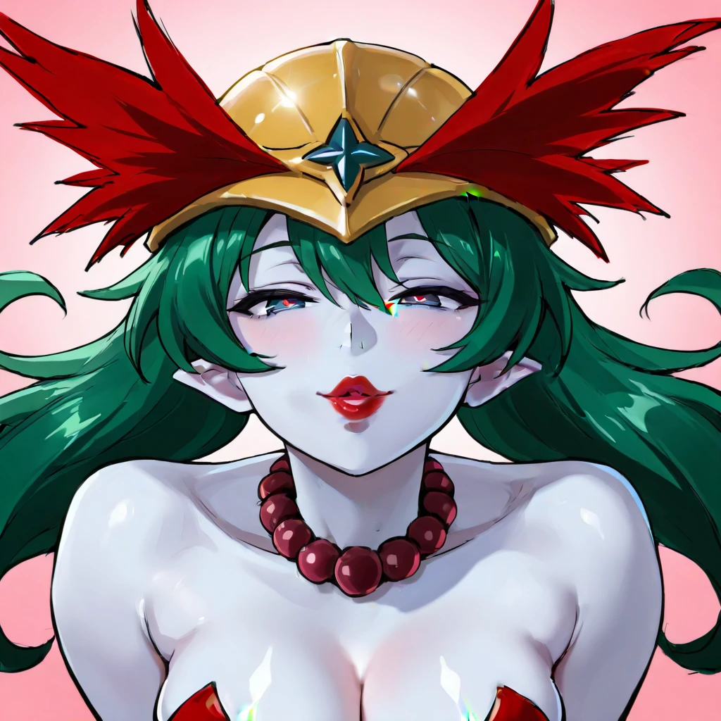 (masterpiece,best quality,ultra-delicate,Perfect Face,16k,high resolution,very beautiful woman),pale blue skin,star shape huge ornament before the crotch:1.5,green hair,large breasts,yellow helmet with red fur,red star shape nippleless,smile
