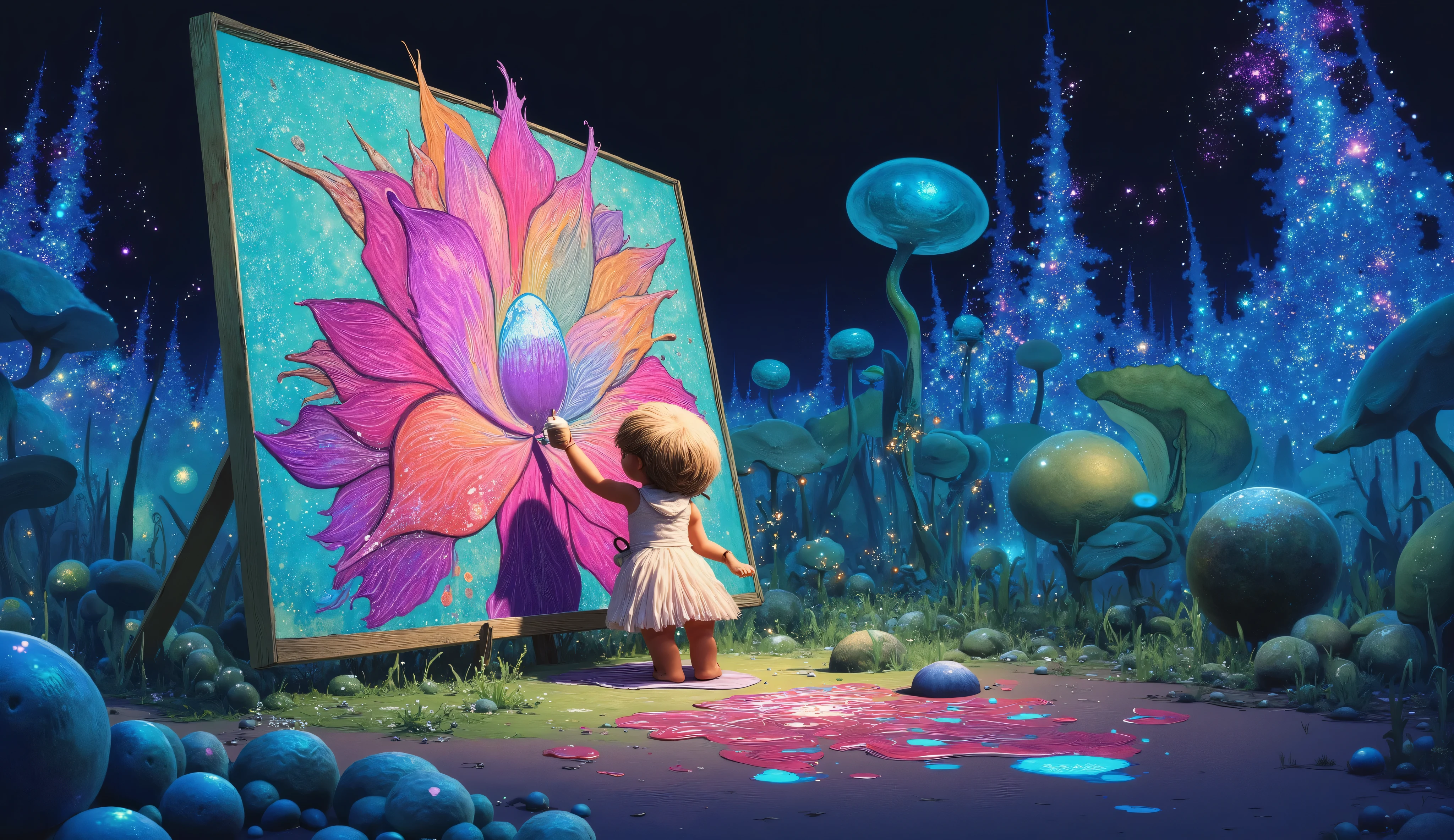 Imagine a whimsical fairy painting a graffiti mural on a giant lotus flower in a bioluminescent forest, her canvas illuminated by the soft glow of fireflies and strange, alien plants. She uses spray paint and melting oil gouache to create dynamic fluid shapes and vibrant neon tones, capturing the garden's energetic yet serene atmosphere. The scene is rendered in a CGSociety Candy art style, with hyperrealistic hyperdetailed digital illustration, postmodernism, dynamic lighting, cel-shaded, and ray tracing reflections.