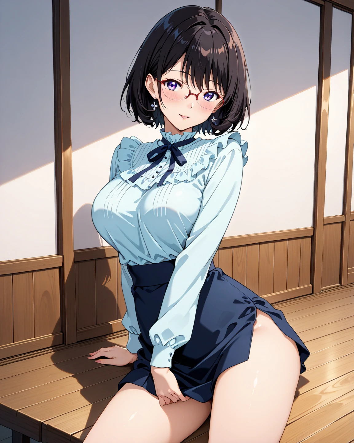 nsfw,1girl,18yo,perfect hands, perfect finger,perfect anatomy, masterpiece, best quality,realistic, hyperrealistic, 16k hdr,, aamii, short hair, black hair, blue eyes, pink frame glasses, (no bra,no panty, T-shirt,denim mini skirt:1.2),(lift up T-shirt),outdoor, from below,(sweat:1.3),(red blush,shyness smile),small breasts,necklace,(leaning forward,squating:1.2,pubic brown hair:1.3,open legs,spread pussy),(wink),(peace sign:1.3),Nipples, nipple slip, No panties),(embarrassed,Smile), open mouth,one eye closed,((Tongue out)),breathing deeply, Feel good,indecency,Spread legs,squating,(((Female masturbation:1.5))),ecstacy, (Make yourself a toy), (sitting yoga mat)),