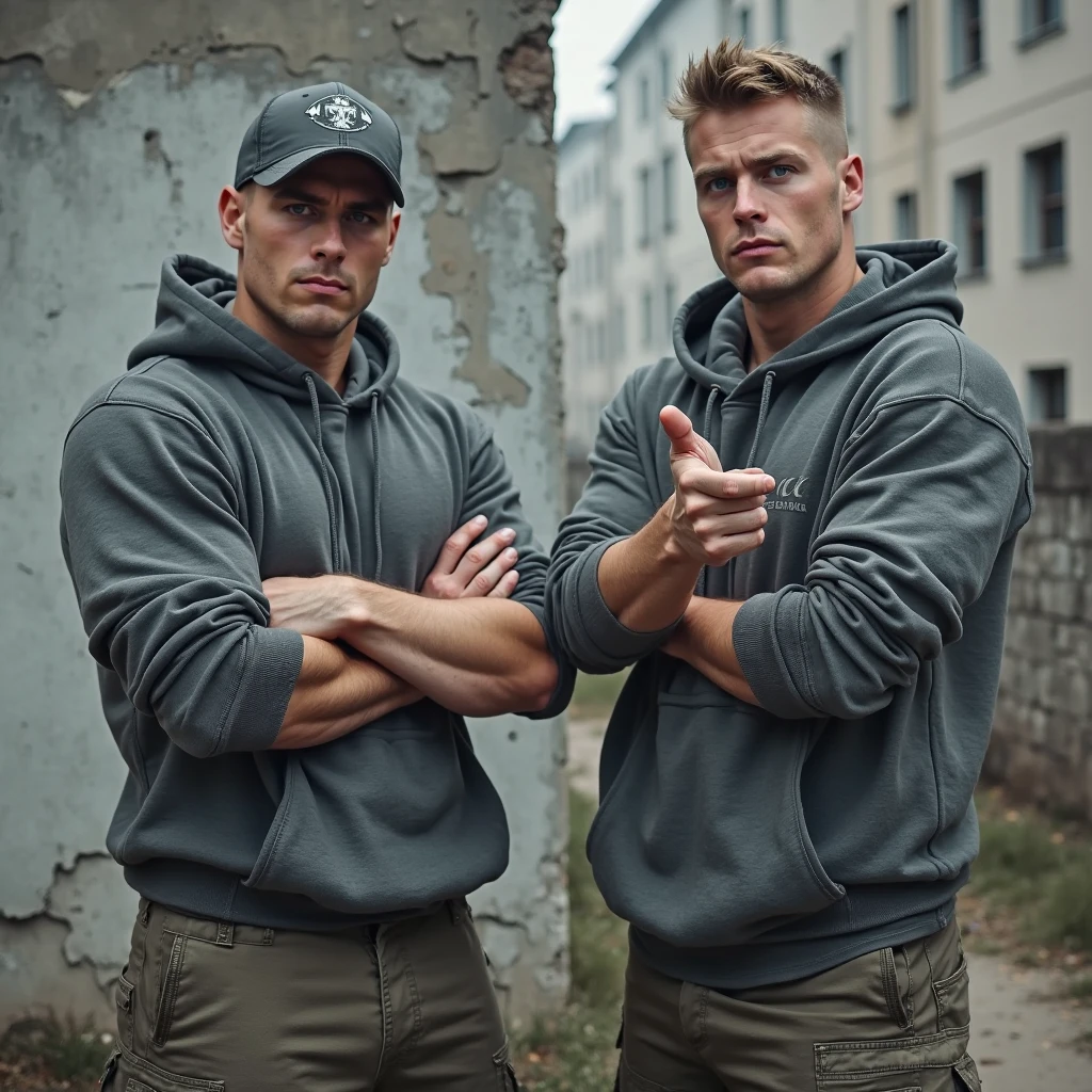 army barracks, army, 2boys, thin body, young males, kneel, caucassian masculine square face, full body view, camo boxers, blonde, topless, armoured sneakers, white socks, domination, armoured full face gasmask