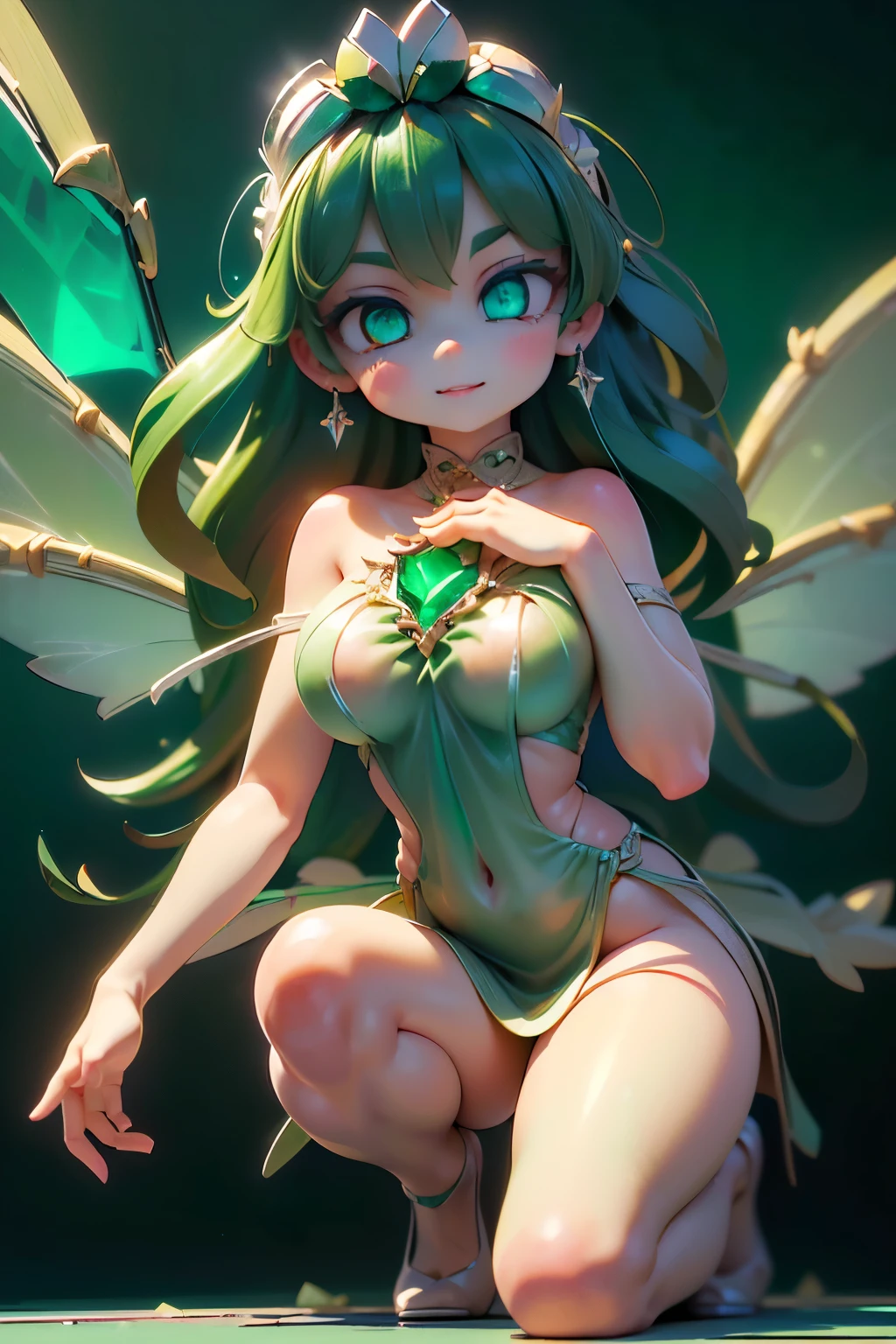 solo,1 female,cute, cute,small ,Skin color is white,(Succulents Succulents Fairy:1.5),(Mysterious fairy:1.5),(An accurate and perfect hand:2.0),(anatomically accurate hands:2.0),( ballerina pose :1.5),(Emerald Green Jewel-like Eyes:2.5),(Sparkling highlights on the eyes Reflected light:2.0),(Background is a Blue Sky and Beautiful Fresh Green Forest:1.5),(Yellow-green shiny semi-long hair:1.2),(is smiling:1.2),(with large transparent Dragonfly and agave wings growing on its back:1.7),(beautiful luxurious dress like metallic green Succulents:1.5),big cute smile,(Dragonfly's Beautiful Wings on Her Back:1.5),[Dragonfly Wings:1.5],(The background is a blue sky, beautiful fresh greenery, and an agave forest:1.5),(8k,very detailedCGユニットのwallpaper, masterpiece,high definition, real texture skin,surrealistic,Increase Resolution,RAW Photo,best quality,very detailed,wallpaper,Movie Lighting, Raytrace ,face close-up,(face light:2.0),(Increase overall color saturation:2.0),(cowboy shot with one knee on the floor:1.5), Frontal lighting ,